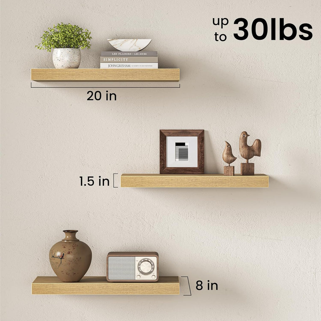 Fun Memories 20Inch Floating Shelves for Wall, 8 Inch Deep Shelves for Bathroom|Bedroom|Kitchen Wall Mounted, Wood Hanging Shelf with Invisible Brackets for Home Storage Decor, Oak - 2 Pack