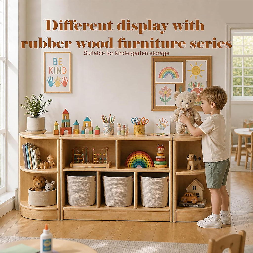 Rubber Wood Corner Cabinet, 2-Tier Kids Montessori Shelf, Toy Organizers and Storage Book Shelf for Playroom, Nursery, Kids Room, Kindergarten
