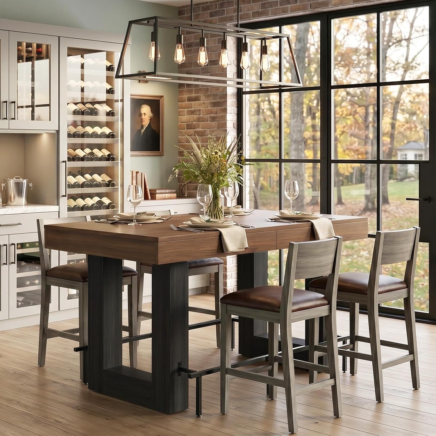 Miereirl 62.99 Inch Counter Height Table，Bar Counter Height Dining Table，Bar Table with Metal Footrest ，for Kitchen, Living Room, Bar， Seats 4-6 People, Brown&Black