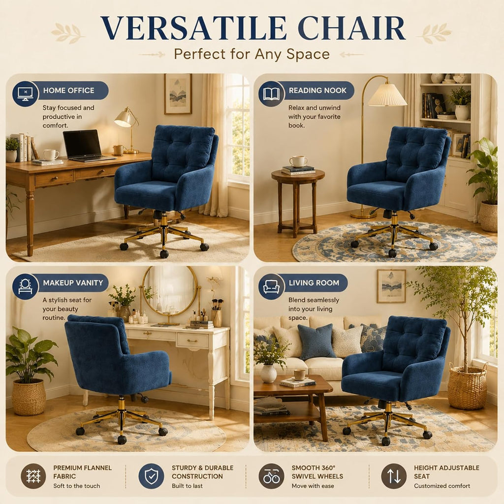 Modern Home Office Chair Velvet Desk Chair Accent Armchair Gold Legs Swivel Task Chair with Wheels Ergonomic Lumber and Back Support, Height Adjustable Flip-up for Living Room, Bedroom, Office,Study