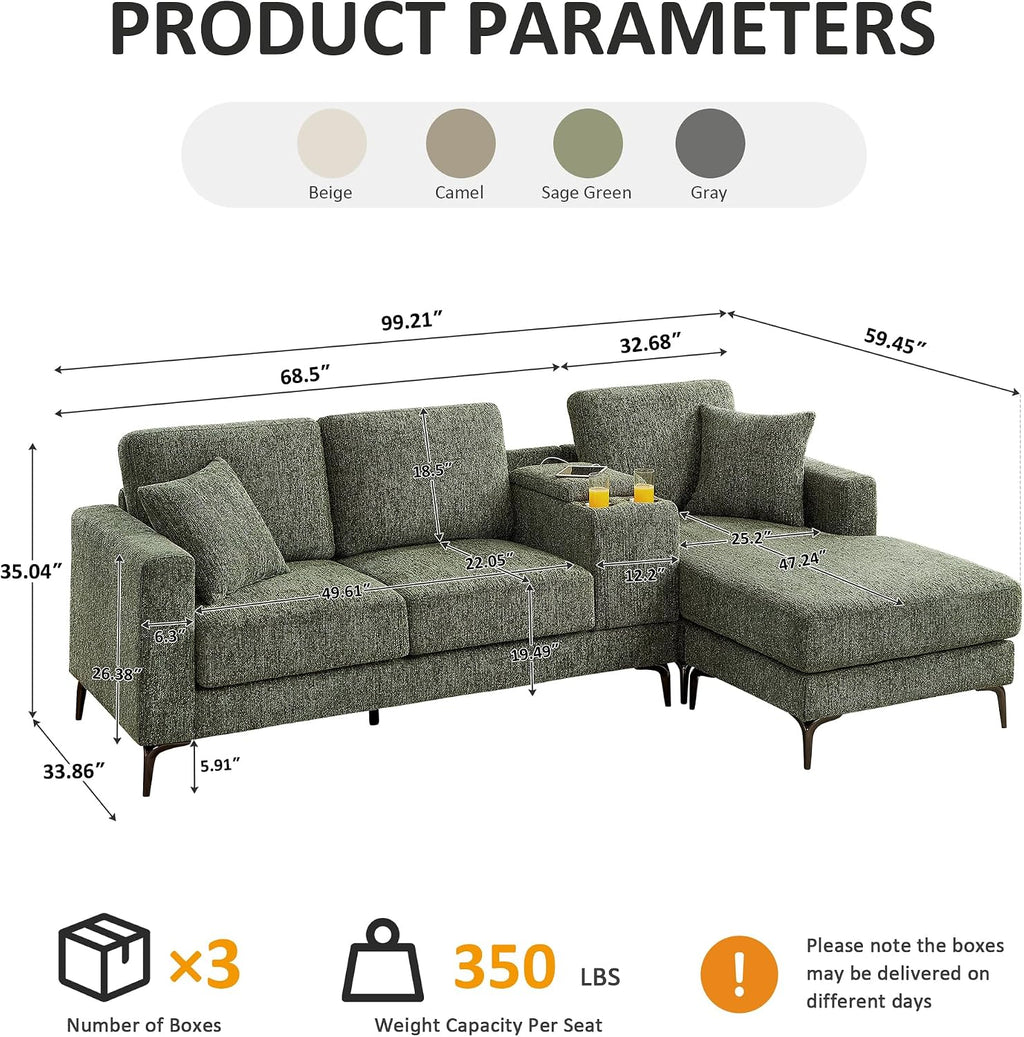 99.21" L Shaped Sectional Sofa with Convertible Chaise, Chenille Modern Modular Couch with Storage Box, USB & Type C Port, 4-Seater Cloud Sofa with Metal Legs for Living Room, Apartment, Green