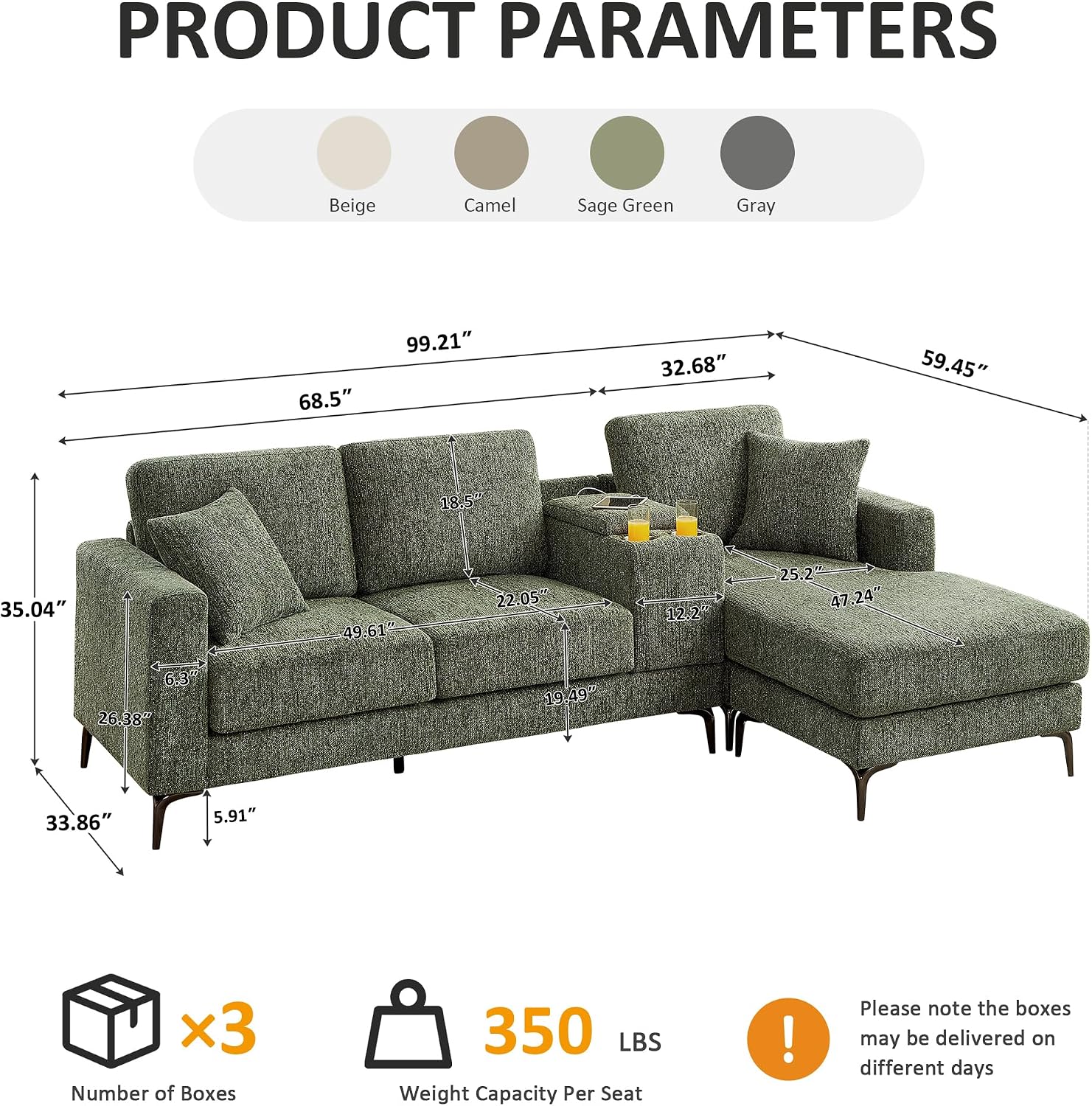 99.21" L Shaped Sectional Sofa with Convertible Chaise, Chenille Modern Modular Couch with Storage Box, USB & Type C Port, 4-Seater Cloud Sofa with Metal Legs for Living Room, Apartment, Green