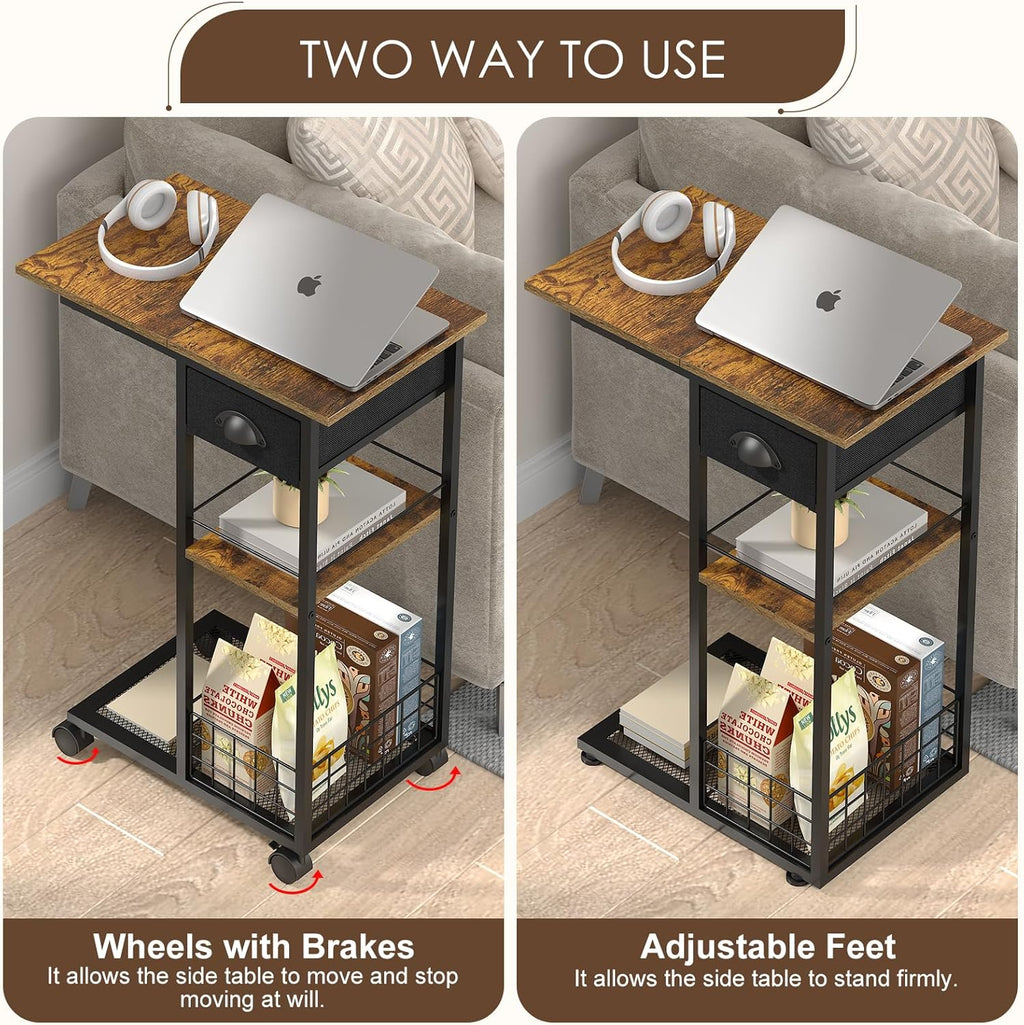 Hayexiha 3-Tier Side Table with Wheels and 360° Rotation, C Table with Drawer, End Table for Couch, Space Saving Small Desk for Narrow Space, TV Tray, Vintage Bedside Table for Living Room, Bedroom