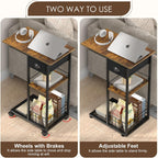 Hayexiha 3-Tier Side Table with Wheels and 360° Rotation, C Table with Drawer, End Table for Couch, Space Saving Small Desk for Narrow Space, TV Tray, Vintage Bedside Table for Living Room, Bedroom