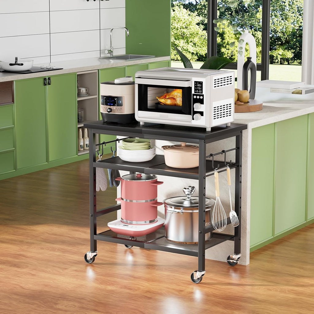 Rolling Kitchen Microwave Cart, 3 Tier Microwave Stand with Wheels, Bathroom Organizers and Storage Shelf, Coffee Bar Table Station, Utility Side Table for Living Room Office (Black)