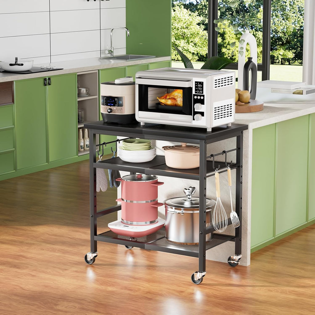 Rolling Kitchen Microwave Cart, 3 Tier Microwave Stand with Wheels, Bathroom Organizers and Storage Shelf, Coffee Bar Table Station, Utility Side Table for Living Room Office (Black)