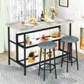 Lamerge 3 Piece Bar Table and Chairs Set, Industrial Bar Table Set with Storage Shelves,Marble Counter Height Island with 2 Bar Stools,Modern Pub Island for Kitchen,Grey