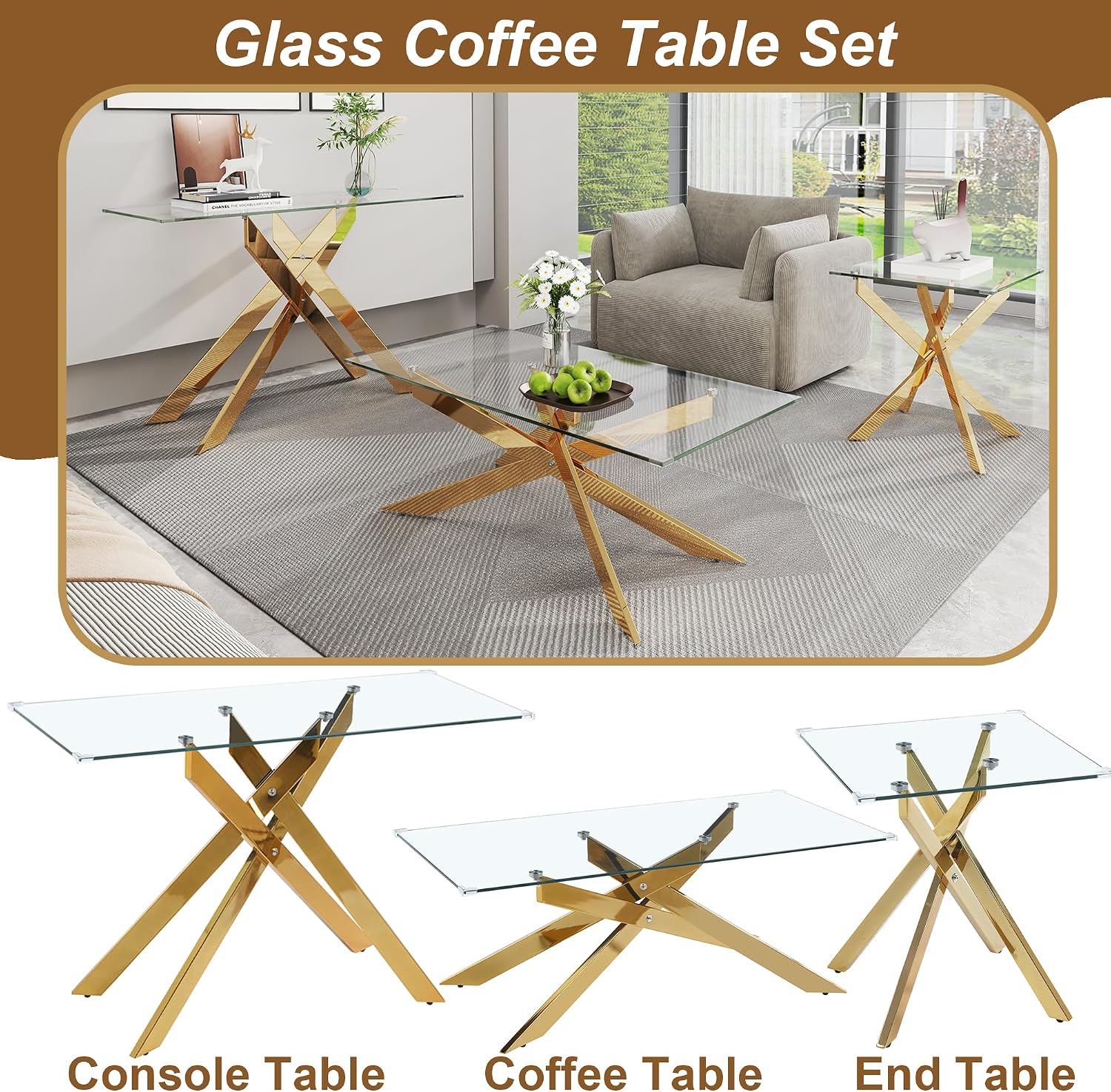 Square Glass End Table 23 Inch with Tempered Glass Top and Metal Tubular Legs for Living Room Home Office, Gold
