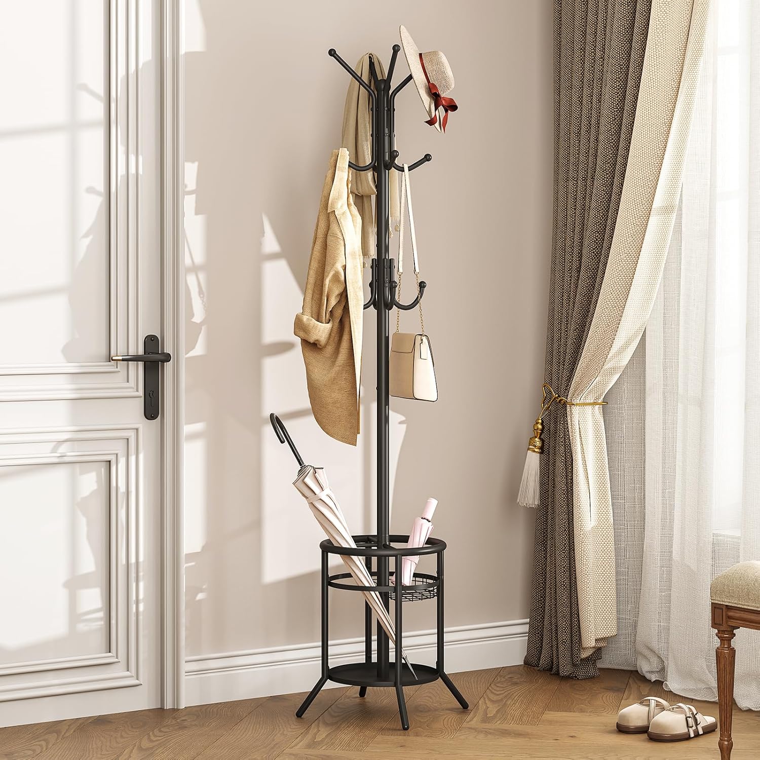 ELYKEN Coat Rack Freestanding, Metal Coat Rack with Umbrella Holder | 12 Hooks, Round Base, Heavy Duty Floor Standing Coat Tree for Entryway, Hallway, Living Room, Bedroom, Office, Black