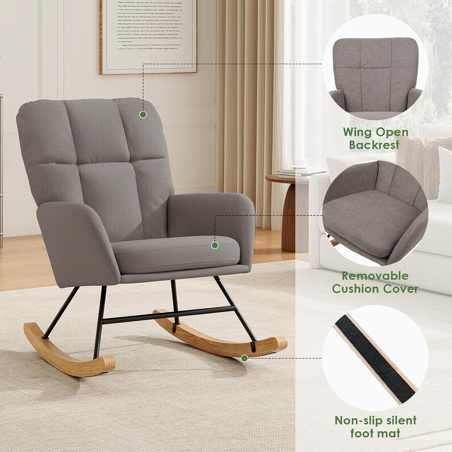 Rocking Chair Nursery High Back Glider Rocker Chair Indoor for Adult | 20" Wide Seat Fleece Upholstered Solid Wood Legs Comfy Gentle Rock for Living Room Bedroom Nursing Room Reading Nook