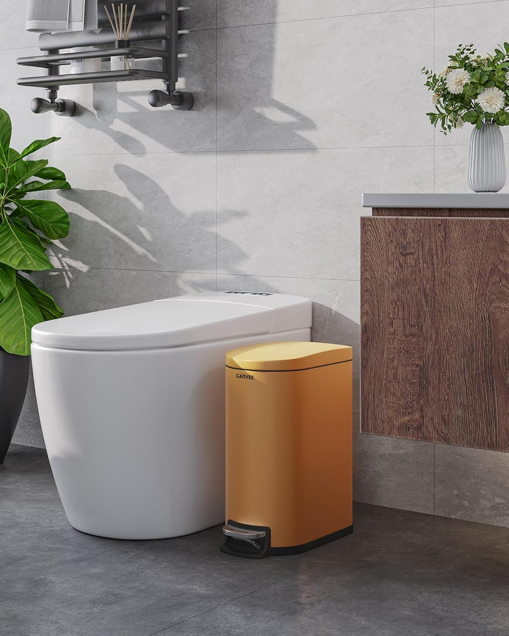 2.6 Gal / 10 L Metal Bathroom Trash Can with Lid, Slim Step-On Garbage Can with Soft Close Lid, Stainless Steel Waterproof Trash Bin for Bedroom with Inner Bucket, Rear Handle, Yellow