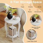 GOFLAME 2-Tier Round End Table, Mid-Century Modern Sofa Side Table with Storage Shelf, Solid Wood Legs, Compact Accent Table, Nightstand for Living Room, Bedroom, Small Space, White