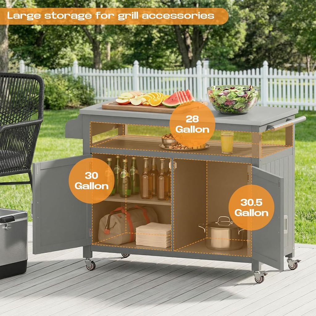 FUQARHY 43.3-Inch Solid Wood Outdoor Kitchen Island with Storage Cabinet, Grill Table with Stainless Steel Top, Outdoor Cooking Prep Station with Lockable Wheels for Backyard, Patio, Party (Gray)