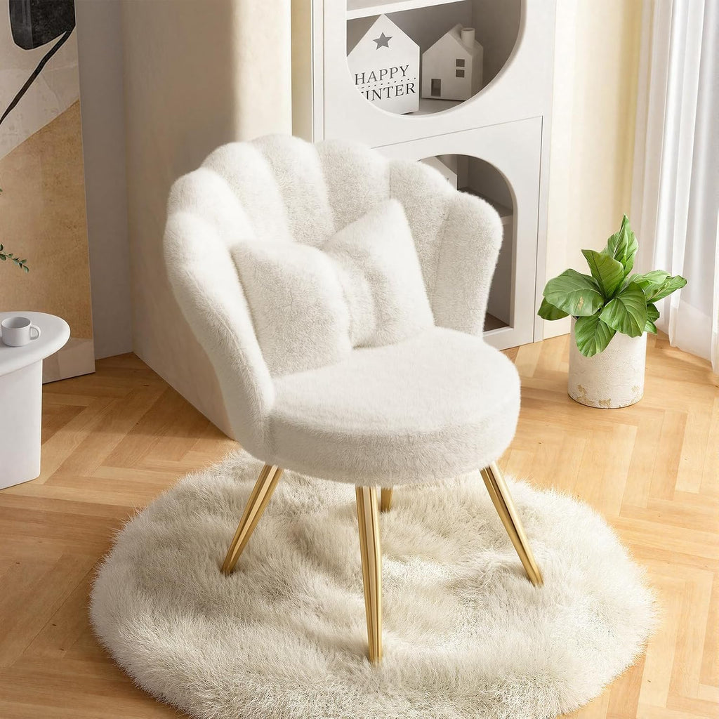 Plush Velvet Sherpa Accent Chair with Gold Metal Legs, Fluffy Vanity Chair for Makeup Room, Upholstered Guest Chair for Living Room, for Bedroom, Cream White