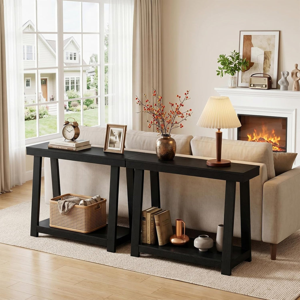 Black Console Table, 43.5 Inch Narrow Black Entryway Table with 2-Tier Storage, 500lbs Heavy Duty Sofa Table Behind Couch, Hallway Entry Table for Small Spaces, Living Room & Foyer