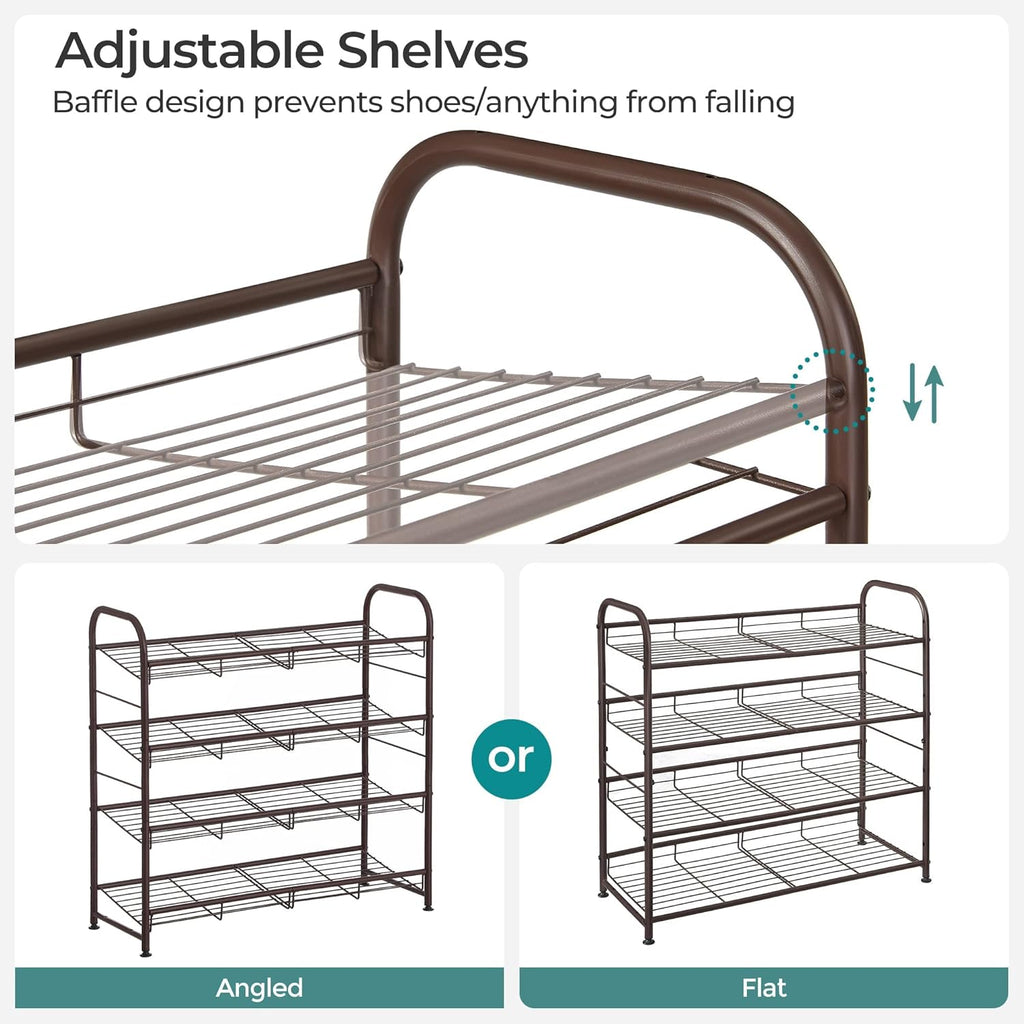SONGMICS Stackable Shoe Rack, 4 Tier Metal Shoes Rack Storage Shelf, Holds up to 16 Pairs Shoes, Adjustable Slanted Shelves Tower Organizer for Closet Entryway Small Spaces, Bronze