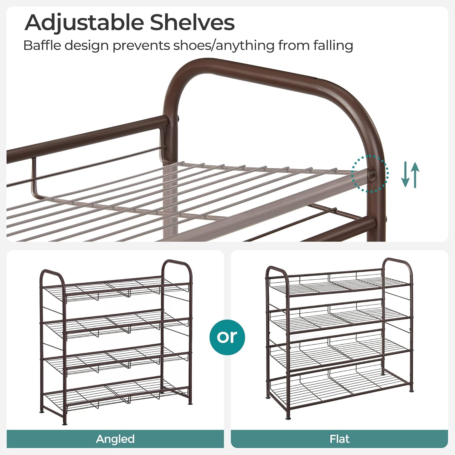SONGMICS Stackable Shoe Rack, 4 Tier Metal Shoes Rack Storage Shelf, Holds up to 16 Pairs Shoes, Adjustable Slanted Shelves Tower Organizer for Closet Entryway Small Spaces, Bronze