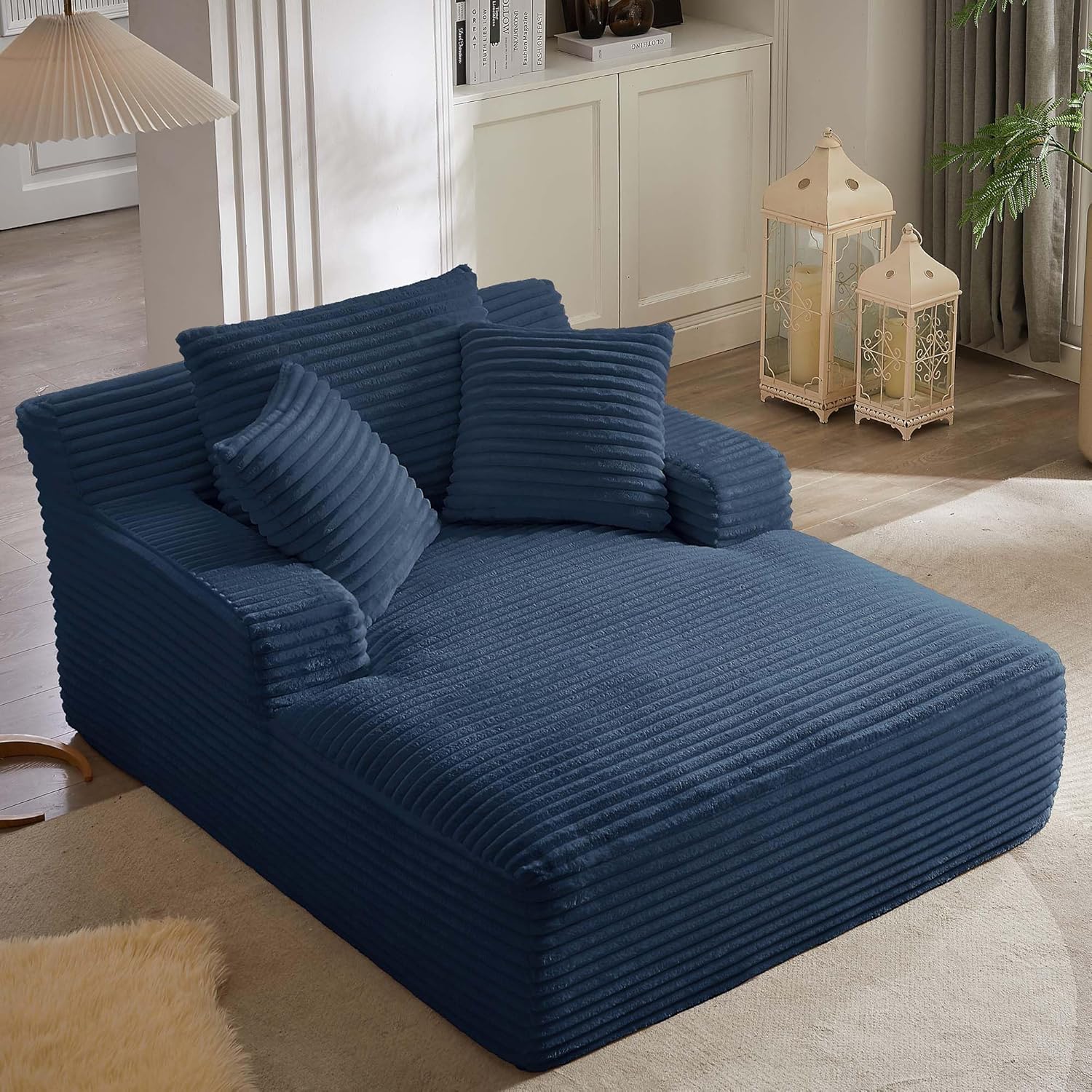 Oreada Oversized Boneless Chaise Lounge Chair Indoor, 66" Corduroy Oversized Comfy Reading Sleeper Chair Boneless Sofa Chaise Couch Bed with 3 Fluffy Pillows, No Assembly Required, Blue
