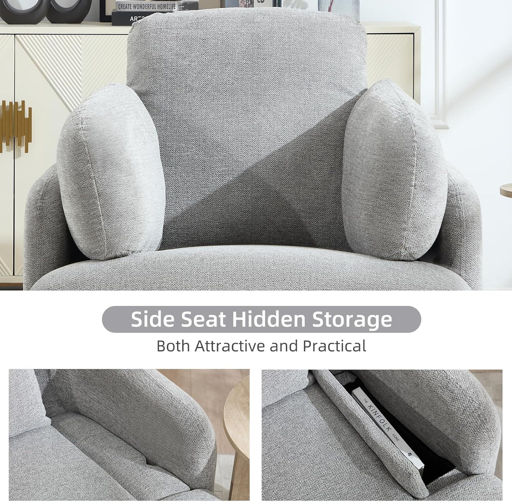 CANMOV Swivel Rocker Recliner, Manual Recliner Chair for Adults, Nursery Glider Rocking Chair with 2 Bolster Pillows and Hidden Storage, Light Grey