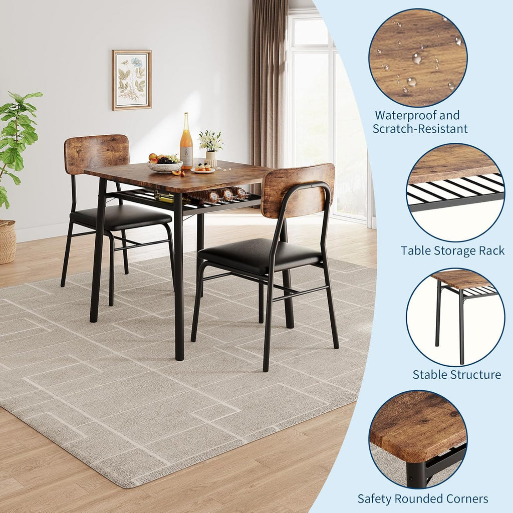 IDEALHOUSE Small Dining Table Set for 2, 3-Piece Dining Set with Storage Rack, Wood Kitchen Table with Upholstered Chairs, Square Table Set with Metal Legs Support, for Dining Room, Living Room, Brown