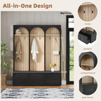 Merax Farmhouse Wood Hall Tree with 8 Hooks and Storage Shoe Bench, Arched Mudroom Versatile Coat Racks with 3 Drawers, Entrance Organizer for Hallway Black