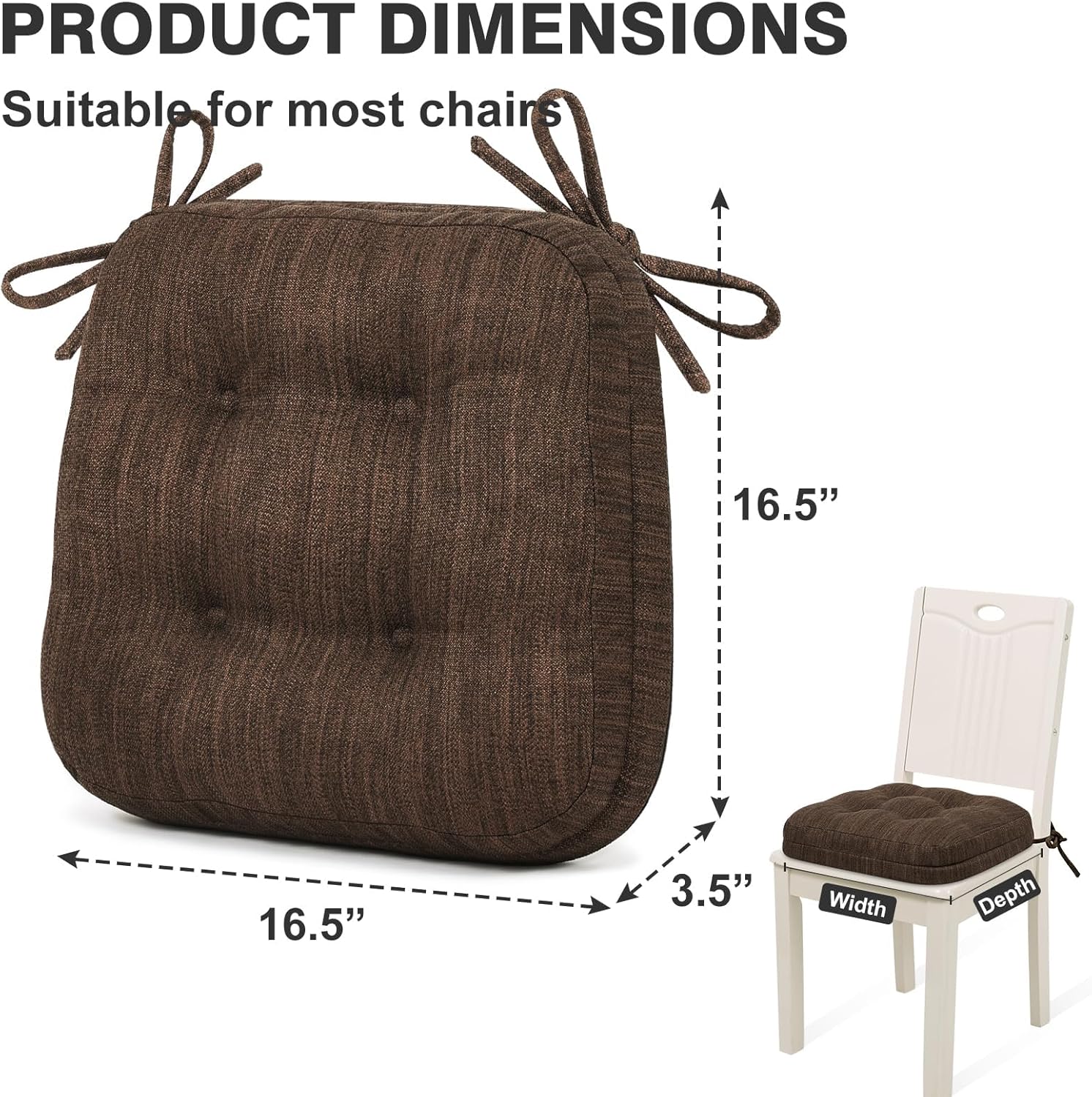 Shinnwa Dining Chair Cushions Set of 6, Dual-Layer Memory Foam Kitchen Chair Cushions, Patented Design Seat Pads with Ties, 16.5 x 16.5 x 3.5in, 6 Pack, Dark Brown