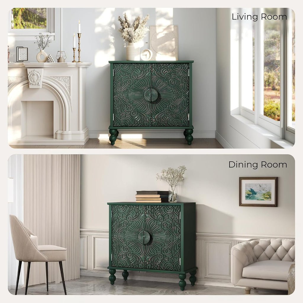 Buffet Cabinet with Storage, Accent Cabinet with 2 Carved Doors, Solid Wood Sideboard with Adjustable Shelf, Vintage Cabinets for Kitchen, Living Room, Entryway, Green