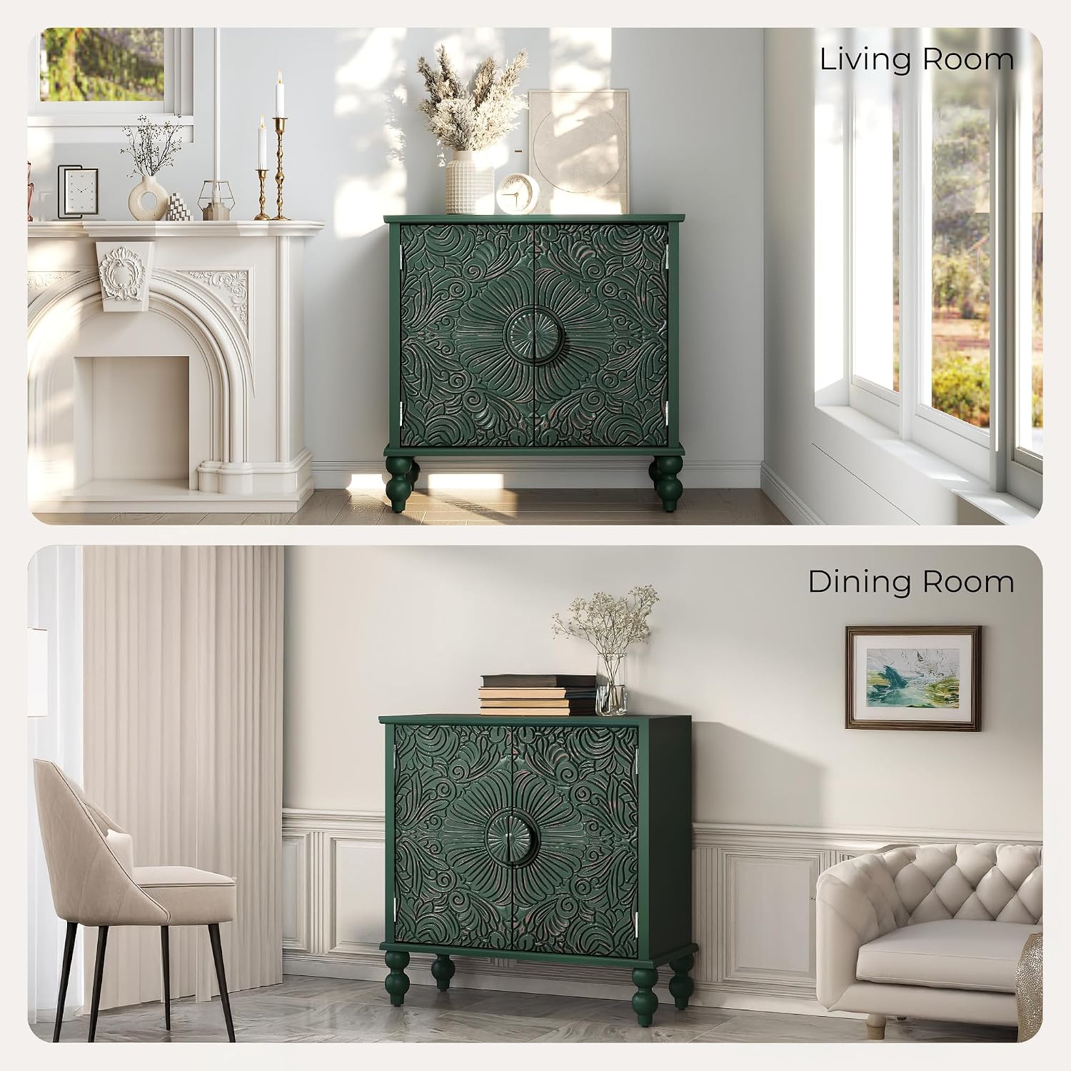 Buffet Cabinet with Storage, Accent Cabinet with 2 Carved Doors, Solid Wood Sideboard with Adjustable Shelf, Vintage Cabinets for Kitchen, Living Room, Entryway, Green