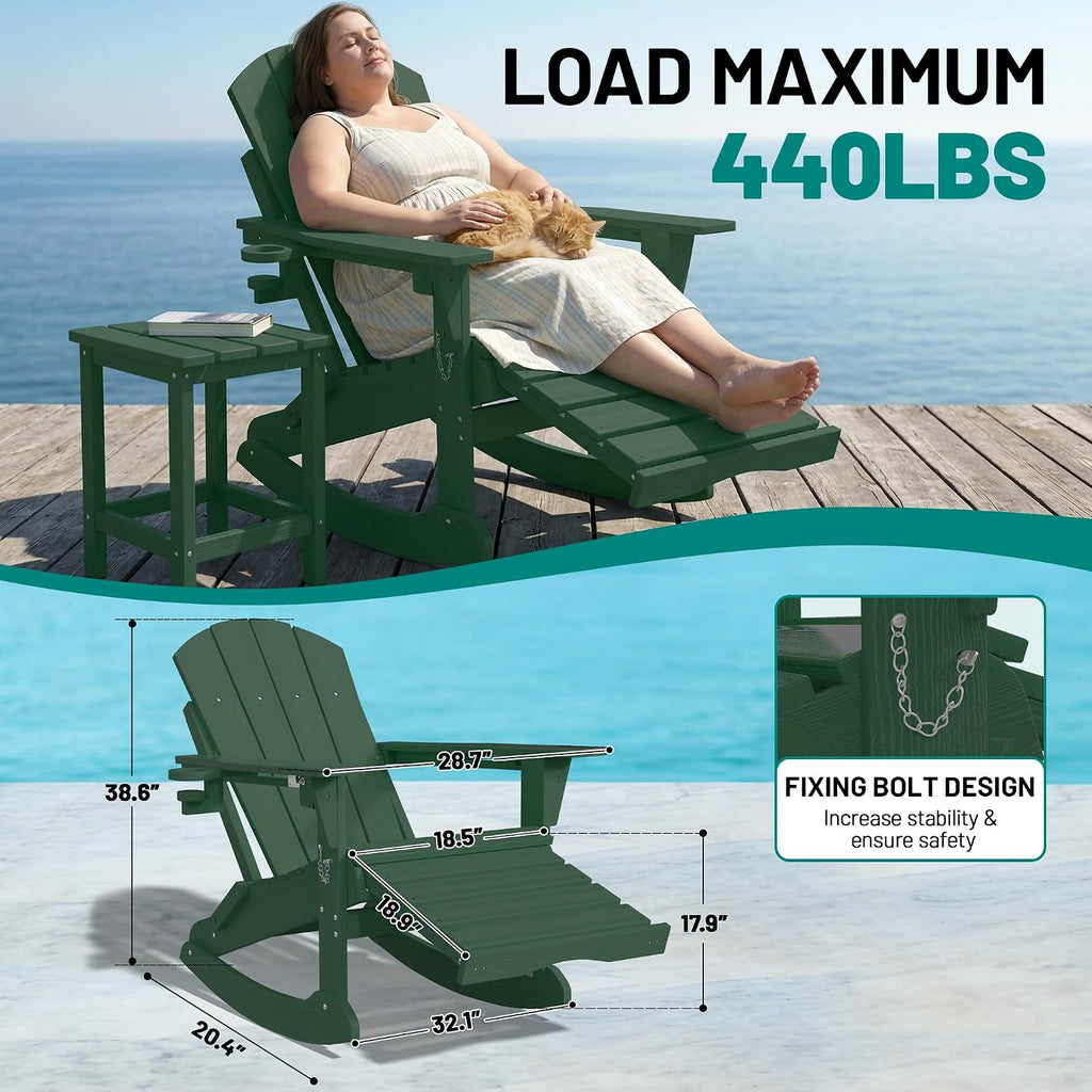PLUUV Folding Adjustable Adirondack Rocking Chair with Retractable Ottoman and Cup Holders, Weather Resistance Outdoor HDPE Adirondack Rocker Patio Chair, Wood-Like Reclining Adirondack Chair, Green