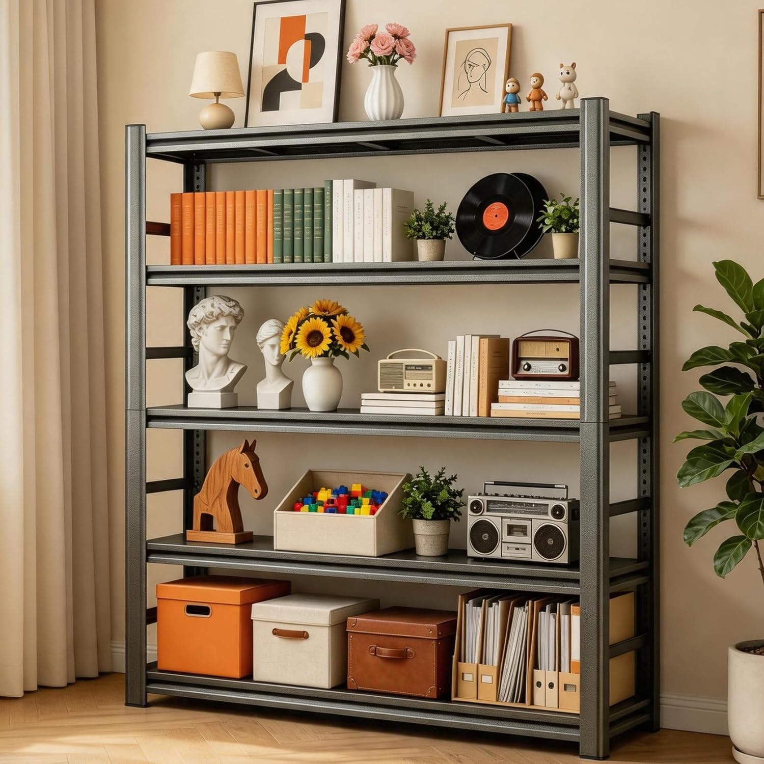 Metal Bookshelf with Sides,Adjustable 72" Tall Industrial Bookcase,5 Tier Heavy Duty Shelving Unit,2000LBS Book Storage Shelves,Wide Book Shelf for Bedroom,Living Room,Home,Office,72H×36W×16D,Black