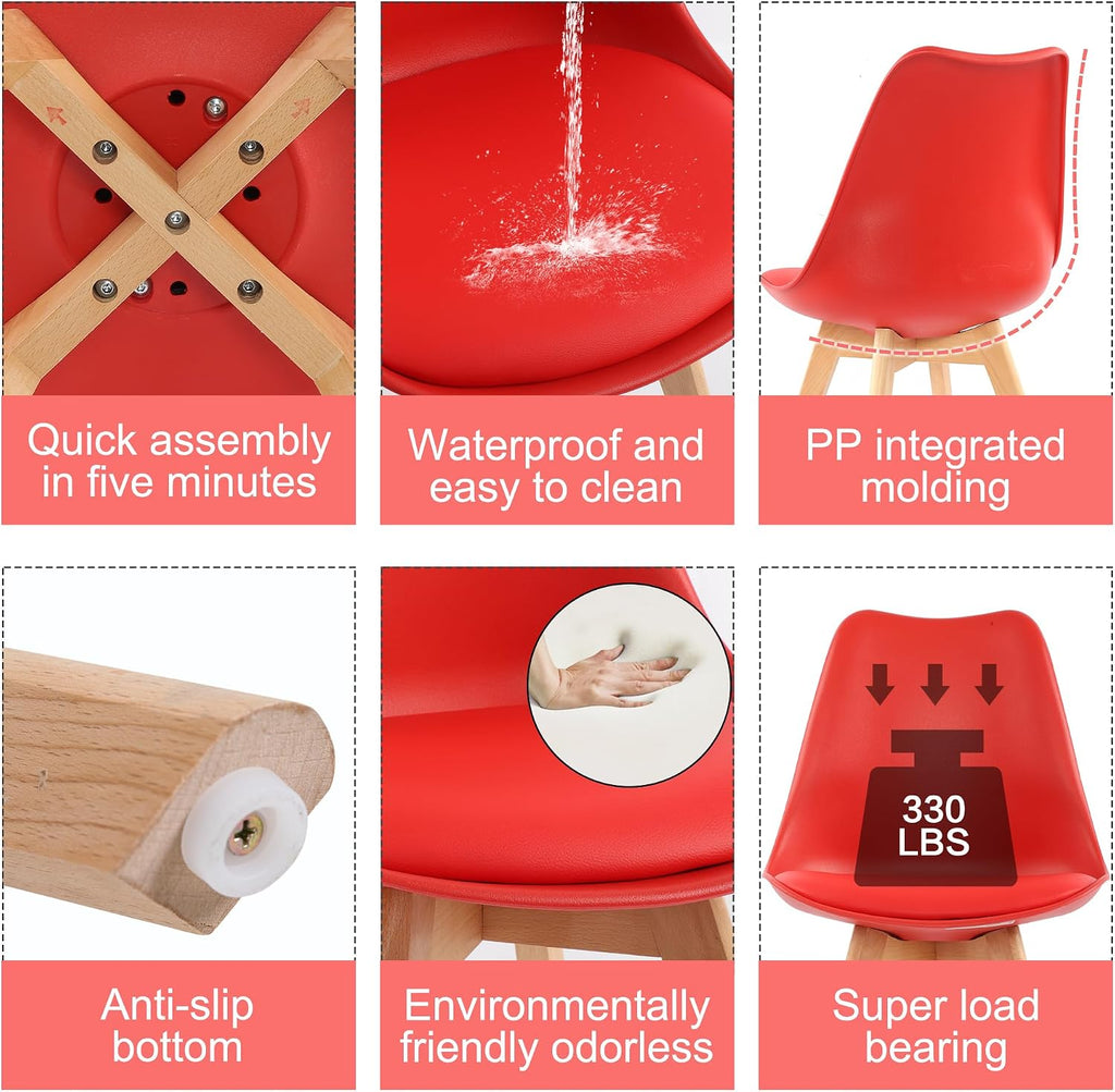 LSSBOUGHT Mid Century Modern Dining Chairs,Shell Lounge Plastic Side Chair with Soft Padded and Wooden Legs for Dining Room Living Room Bedroom Kitchen Set of 2 (red)