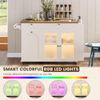 COCO DESIGN 58" Rolling Kitchen Island with Power Outlet, LED Light, Drop Leaf & Storage, Mobile Kitchen Cart with Trash Cabinet, Spice Rack & Towel Rack, White
