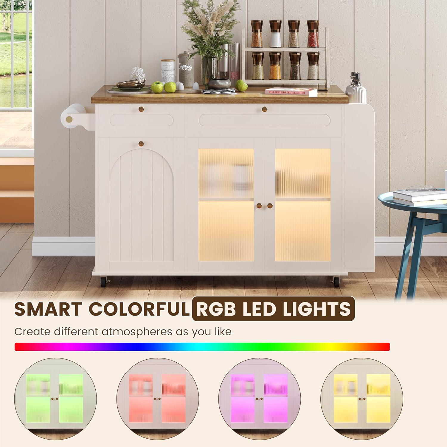 COCO DESIGN 58" Rolling Kitchen Island with Power Outlet, LED Light, Drop Leaf & Storage, Mobile Kitchen Cart with Trash Cabinet, Spice Rack & Towel Rack, White