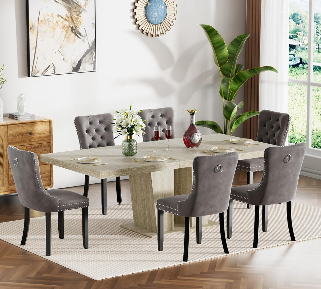 7-Piece Extendable Dining Table Set for 6, 63-78" Faux Travetine Kitchen Table Set for 6 with Grey Tufted Chairs, Rectangular Expandable Dining Room Table with Dual Columns Base,Space-Saving