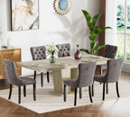7-Piece Extendable Dining Table Set for 6, 63-78" Faux Travetine Kitchen Table Set for 6 with Grey Tufted Chairs, Rectangular Expandable Dining Room Table with Dual Columns Base,Space-Saving