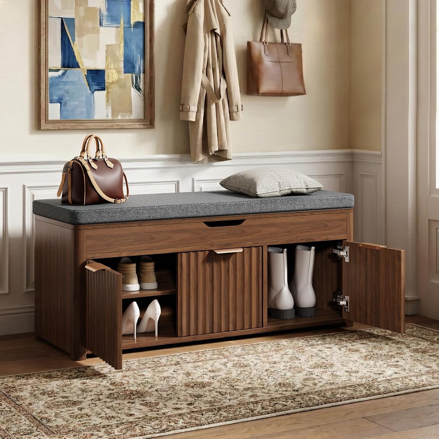 Shoe Bench with Storage, Lift Top Entryway Bench with Hidden Storage, 2-Tier Adjustable Shoe Rack and Cushioned Seat, Wooden End of Bed Bench for Bedroom, Living Room, Hallway, Walnut