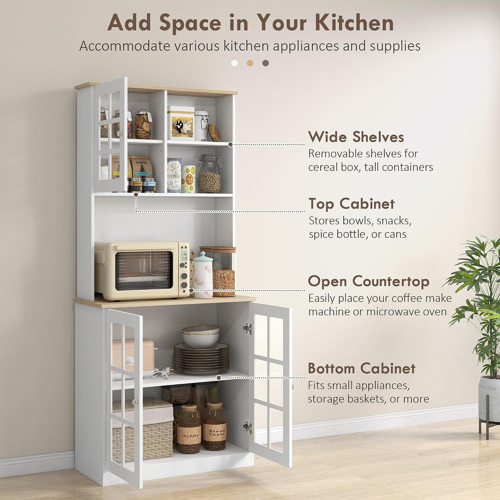 31.5"D*14.5"W*72"H Freestanding Kitchen Pantry with 4 Adjustable Shelves, 19"H Top Single Door & 28.5"H Lower French Door, Rectangular Storage Cabinet, for Living Room, Dining Room, White