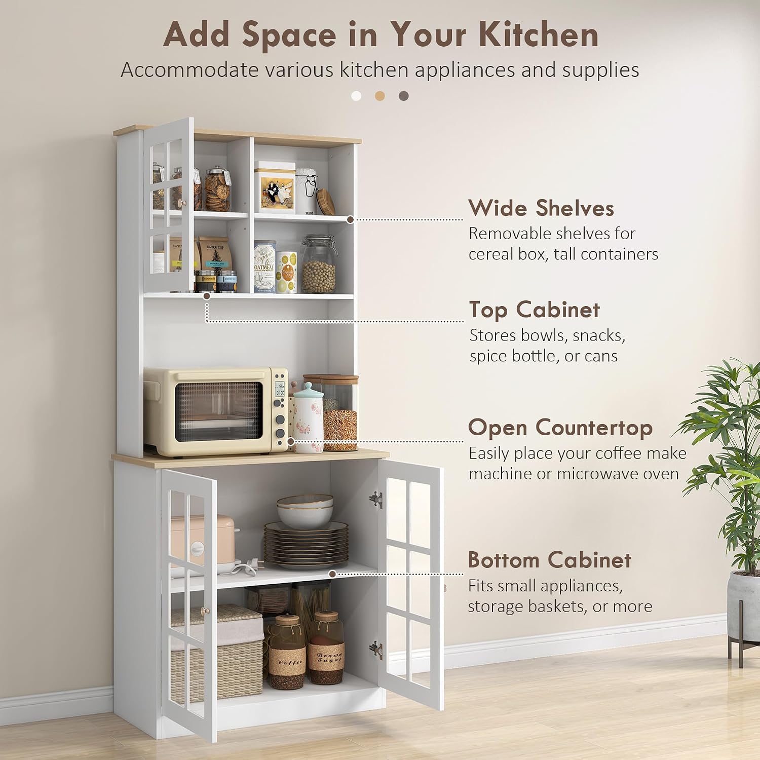 31.5"D*14.5"W*72"H Freestanding Kitchen Pantry with 4 Adjustable Shelves, 19"H Top Single Door & 28.5"H Lower French Door, Rectangular Storage Cabinet, for Living Room, Dining Room, White