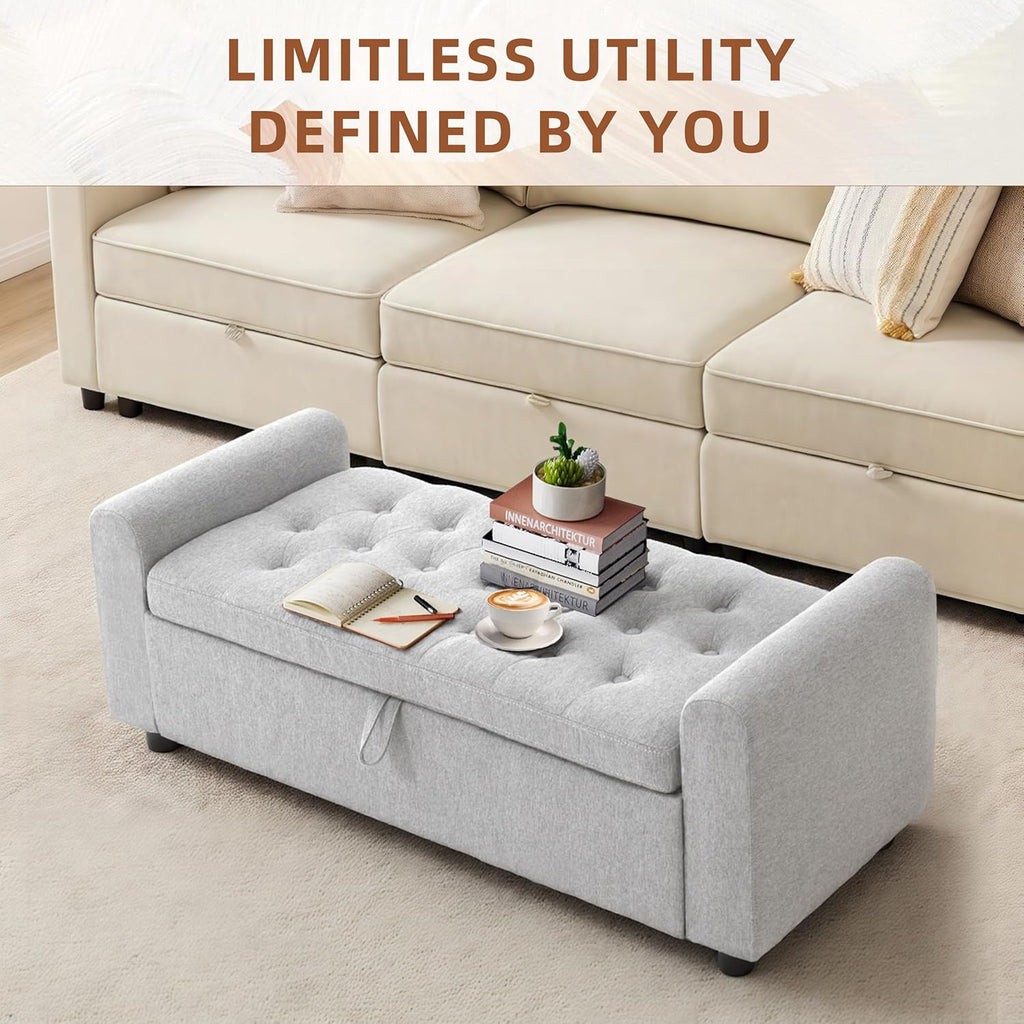 48" Ottoman with Storage, Tufted Storage Ottoman Bench, Convenient Living Room Fabrics Bench Seat, Entryway Shoe Benches with Inner Zipper & Arm, Rivetless Upholstered Window Seat Ottomans, Light Grey