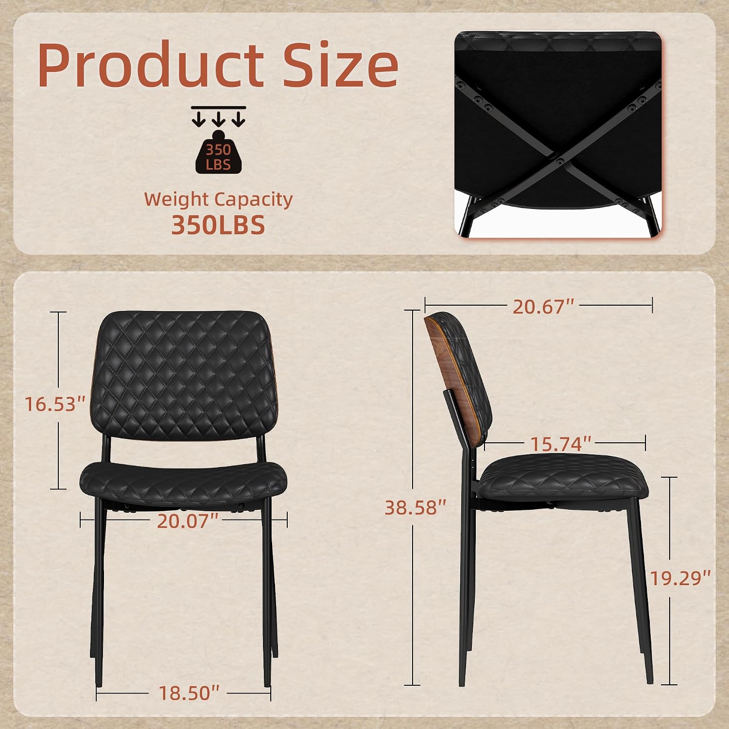AODAILIHB Mid Century Modern Kitchen Chairs Set of 2, PU Leather Upholstered Dining Chairs with Walnut Bentwood Back, Sturdy Metal Legs & Adjustable Feet, Black