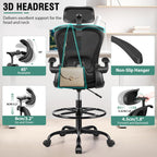 Drafting Chair, Tall Office Chair with 3D Lumbar & Head Support, Ergonomic Mesh Standing Desk Chair with Footring, Comfy Extended High Desk Chair with Flip-Up Arms & Hanger,Black