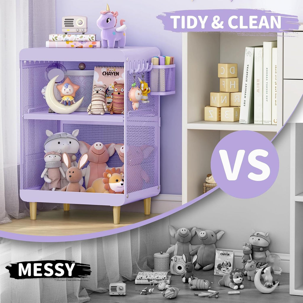 SYKIARIOL Kids Nightstand for Girls, 3-Tier Storage Shelf, Purple | Metal Bedside Table with 4 Hooks & Hanging Basket, Toddler Night Stand for Bedroom