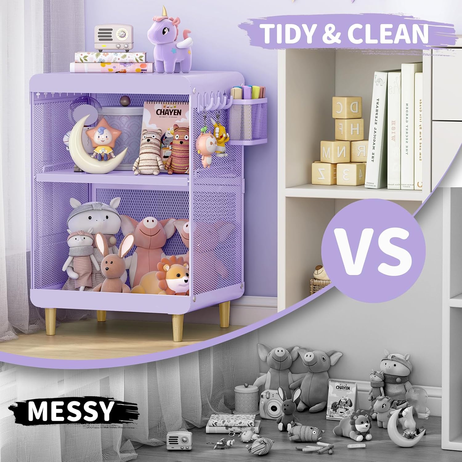SYKIARIOL Kids Nightstand for Girls, 3-Tier Storage Shelf, Purple | Metal Bedside Table with 4 Hooks & Hanging Basket, Toddler Night Stand for Bedroom