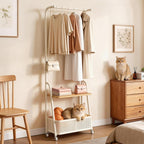 Coat Rack Freestanding with Wheels, 3-Tier Storage Garment Rack with Storage Basket, Rolling Organizer for Coats, Hats, Bags & Clothes, Coat Hanger Stand for Entryway Bedroom (H 66.9" x W 24)