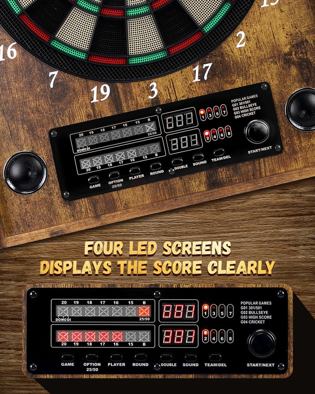 Electronic Dart Board, Decorative Dart Board Cabinet for Adults | [12*Bronze Soft Tip Darts] [Cricket Game Mode]- Wooden Electric Dartboard Cabinet for Family Game Rooms [VINTAGE]