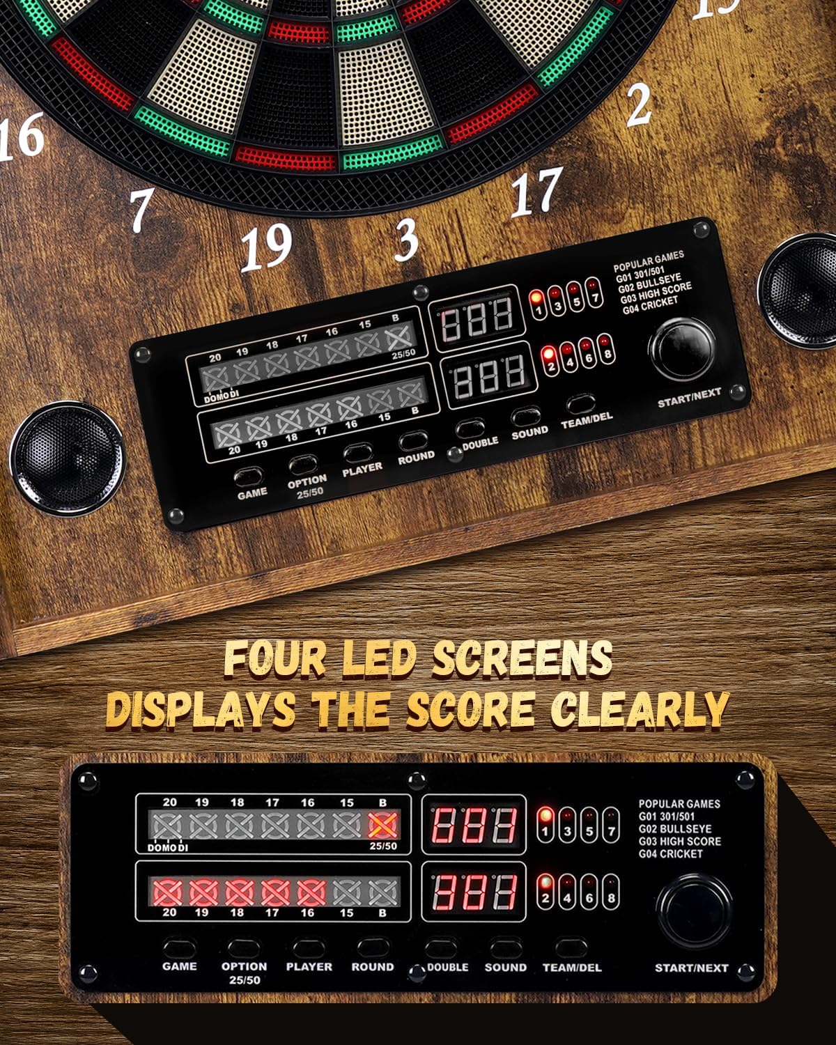 Electronic Dart Board, Decorative Dart Board Cabinet for Adults | [12*Bronze Soft Tip Darts] [Cricket Game Mode]- Wooden Electric Dartboard Cabinet for Family Game Rooms [VINTAGE]