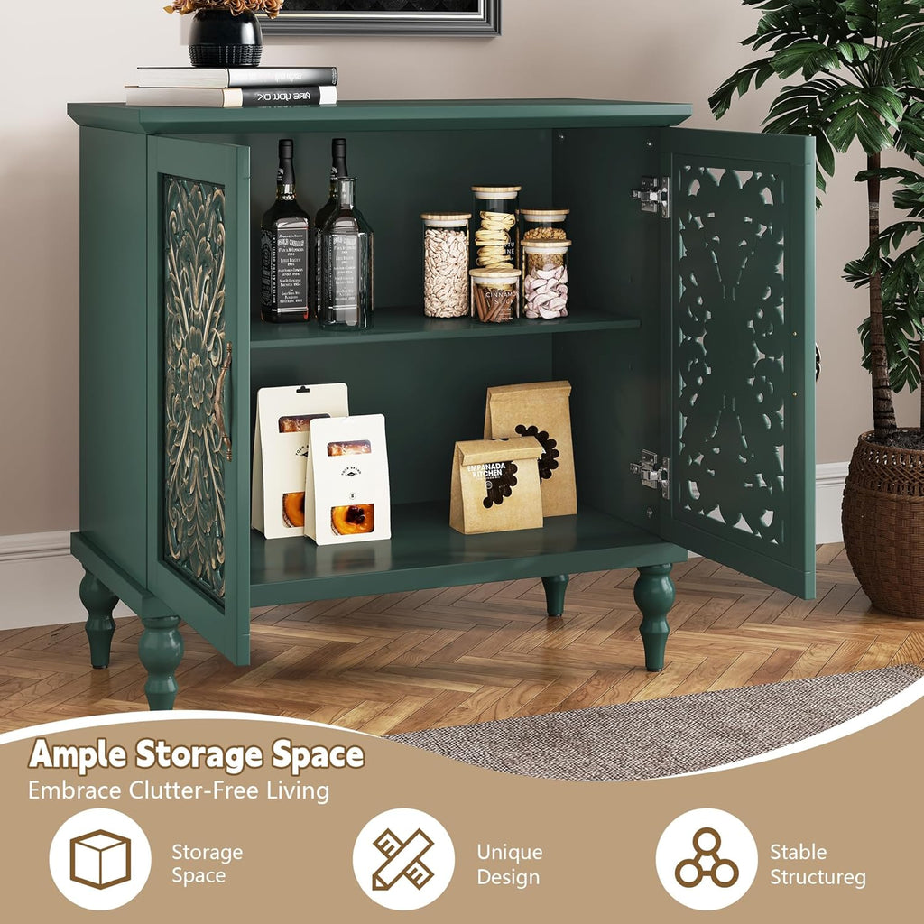 ARTPOWER Accent Cabinet with 2 Doors, Vintage Carved Wood Storage Cabinet, Sideboard Buffet Cabinet with Storage Credenza for Living Room, Kitchen, Dining Room, Entryway, Hallway, Green