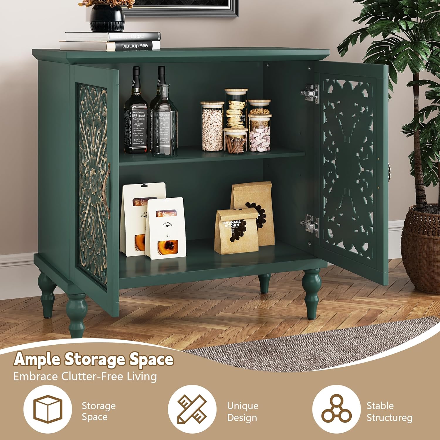 ARTPOWER Accent Cabinet with 2 Doors, Vintage Carved Wood Storage Cabinet, Sideboard Buffet Cabinet with Storage Credenza for Living Room, Kitchen, Dining Room, Entryway, Hallway, Green