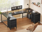 DurayLoly 67" U Shaped Gaming Corner Desk with Power Outlets & LED Lights,Computer Desk with 6 Drawers & File Cabinets,Home Office Desks Study Writing Table for Bedroom,Living Room,Black