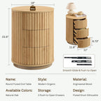 JXQTLINGMU Fluted Nightstand Set of 2 with 3 Push-to-Open Drawers, 24" Tall Round Side Table, Modern Wood End Table for Bedroom, Living Room or Small Spaces, Natural Oak